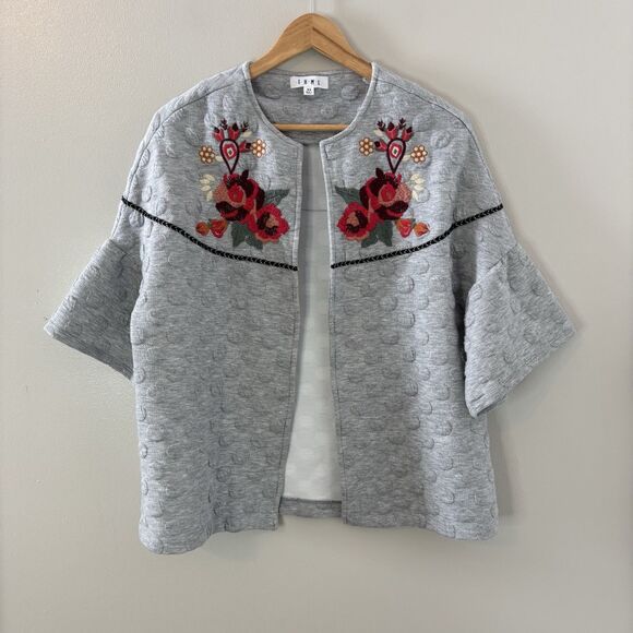 THML Quilted Embroidered Floral Open Jacket Gray Bell Sleeves Bohemian S… - Picture 1 of 9